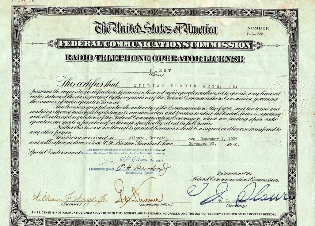 Federal Communications Commision Radio Telephone Operator License.
