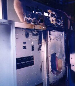 Defective RCA transmitter with fire damage.
