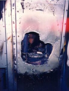 Defective RCA transmitter with fire damage.