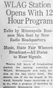 Newspaper clipping announcing WLAG radio station opens with 12-hour programming, Minneapolis, MN